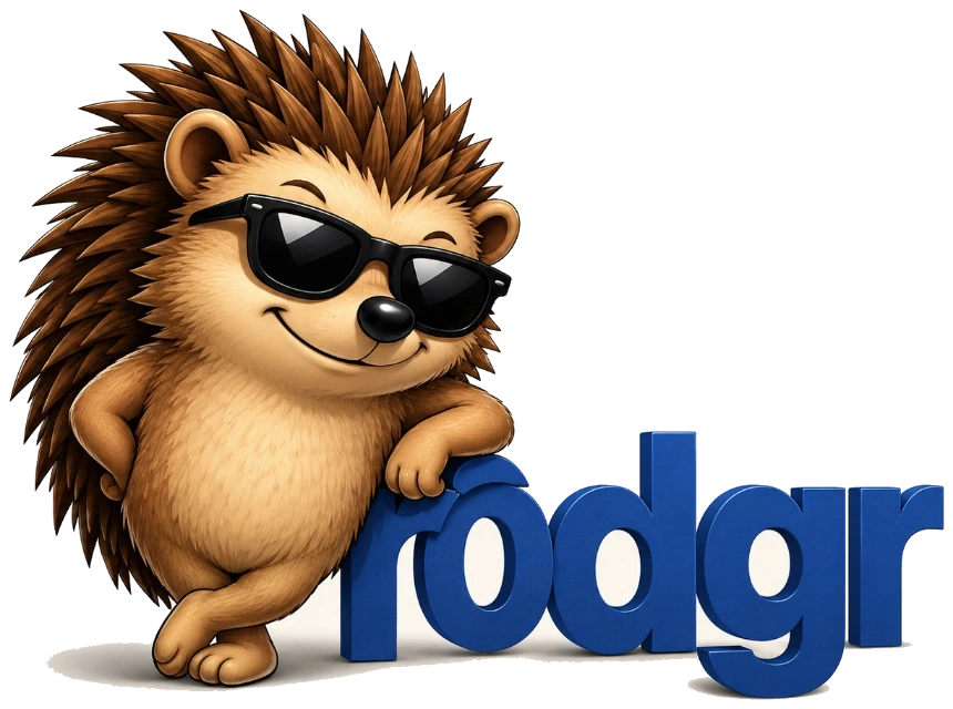 Rodgr the hedgehog, leaning casually on the rodgr wordmark